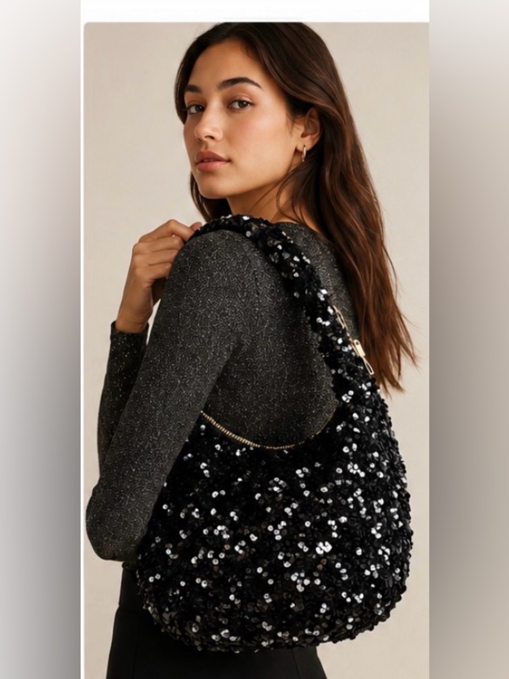 Anthropologie Sequin Hobo Shoulder
Bag Black Sparkle Y2K Glam festive party - Picture 2 of 6